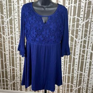 Navy blue gauze 3/4 ruffle sleeve boho dress with embroidered lace front sz M